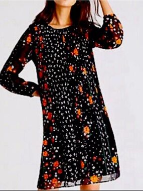 Ann Taylor Black Pleated Long Sleeve Dress with Floral Accents